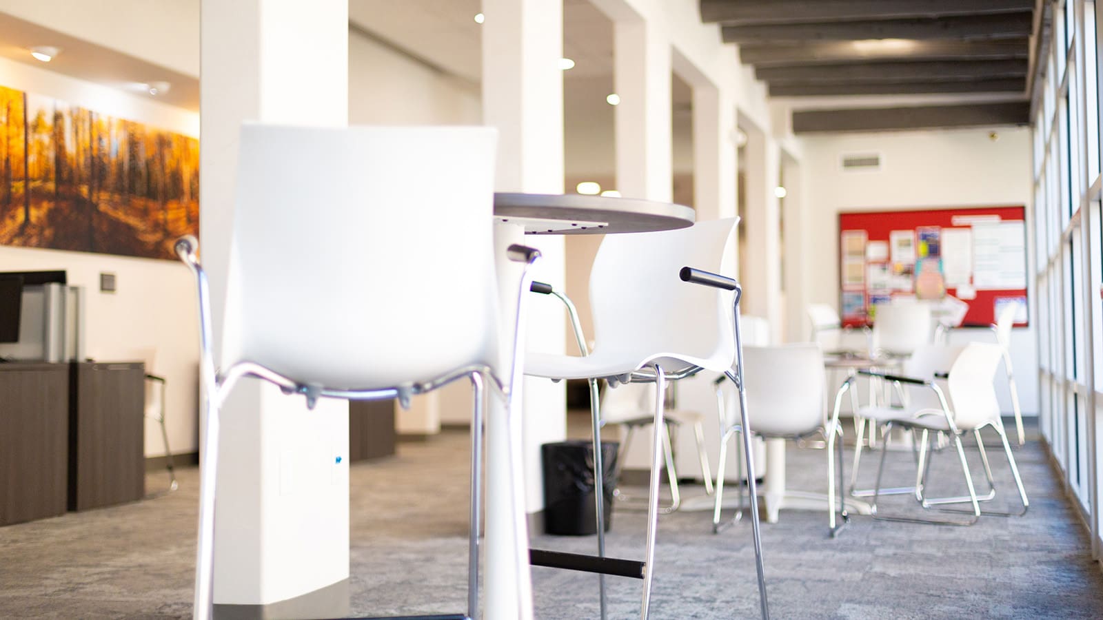 empty chairs and desks arranged in a learning space